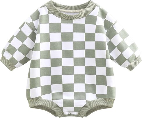 Bafeicao Baby Boy Girl Checkerboard Sweatshirt Romper Organic Cotton Checkered Bubble Romper Oversized Long Sleeve in Saudi Arabia