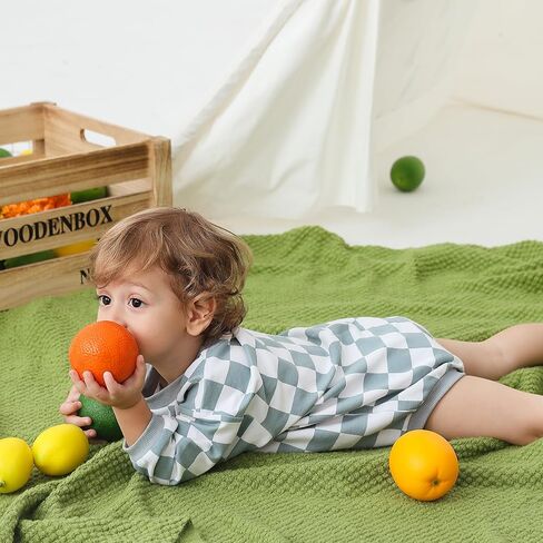 Bafeicao Baby Boy Girl Checkerboard Sweatshirt Romper Organic Cotton Checkered Bubble Romper Oversized Long Sleeve in Saudi Arabia
