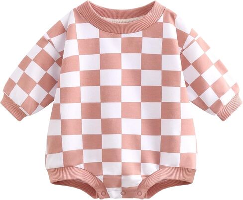 Bafeicao Baby Boy Girl Checkerboard Sweatshirt Romper Organic Cotton Checkered Bubble Romper Oversized Long Sleeve in Saudi Arabia