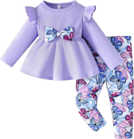 Jecson Toddler Baby Girl Cloths: Cotton Soft Outfits مجموعة A-Line Top & Brutfly-Print Pants Cute Fall Home Out 6m-4y in Kuwait