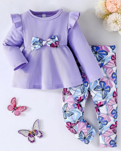 Jecson Toddler Baby Girl Cloths: Cotton Soft Outfits مجموعة A-Line Top & Brutfly-Print Pants Cute Fall Home Out 6m-4y in Kuwait
