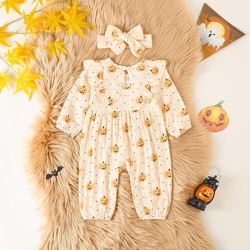 Newborn Baby Girl Halloween Outfit Ruffle Long Sleeve Pumpkin Romper Jumpsuit With Headband Bodysuit Overalls Clothes in Kuwait