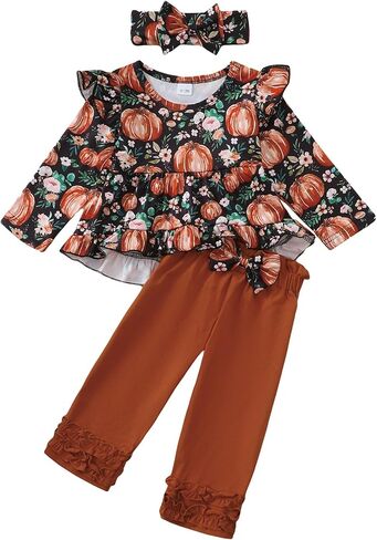 Kislio Toddler Baby Girls Fall Winter Clothes Pumpkin Ghost Shirt Tops Ruffle Pants Set Infant Halloween Outfits 3PCS in Kuwait