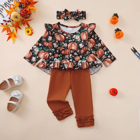 Kislio Toddler Baby Girls Fall Winter Clothes Pumpkin Ghost Shirt Tops Ruffle Pants Set Infant Halloween Outfits 3PCS in Kuwait