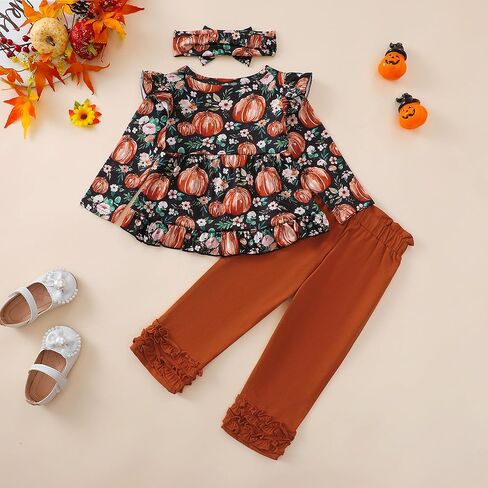 Kislio Toddler Baby Girls Fall Winter Clothes Pumpkin Ghost Shirt Tops Ruffle Pants Set Infant Halloween Outfits 3PCS in Kuwait