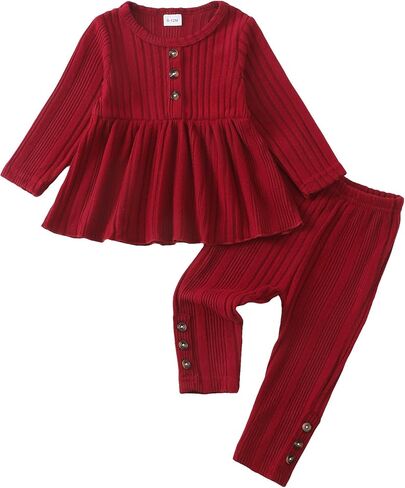Kucnuzki Toddler Baby Girl Clothes Outfit Long Sleeve Plain T Shirt Top Baby Girl Pants Leggings Two Piece Outfits Set in Kuwait
