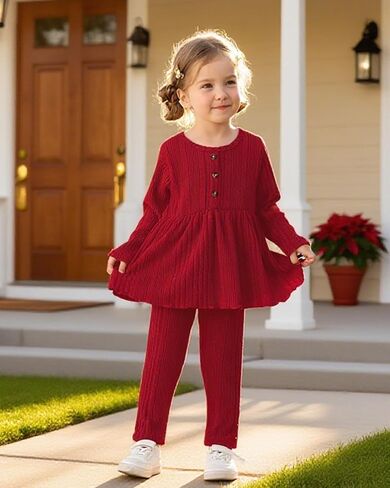 Kucnuzki Toddler Baby Girl Clothes Outfit Long Sleeve Plain T Shirt Top Baby Girl Pants Leggings Two Piece Outfits Set in Kuwait