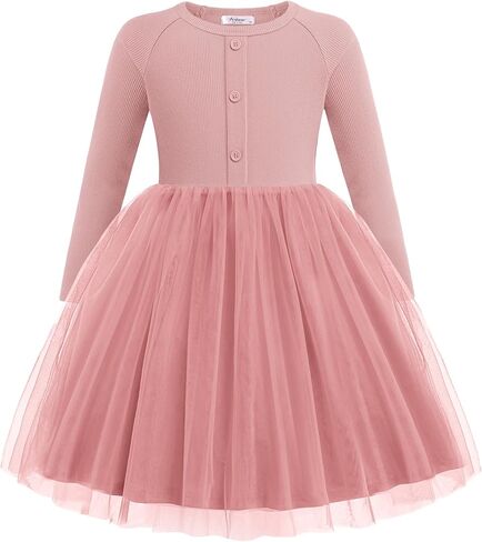 Arshiner Toddler Girls Tutu Dress Long Sleeve Fall Winter Button Front Party Tulle Dresses 2-8Y in Kuwait