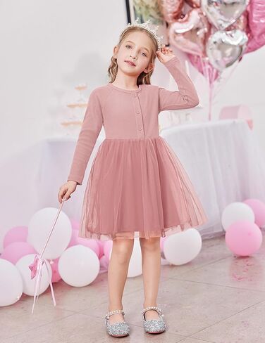 Arshiner Toddler Girls Tutu Dress Long Sleeve Fall Winter Button Front Party Tulle Dresses 2-8Y in Kuwait
