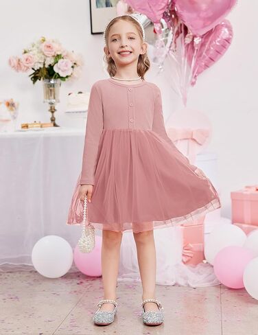 Arshiner Toddler Girls Tutu Dress Long Sleeve Fall Winter Button Front Party Tulle Dresses 2-8Y in Kuwait