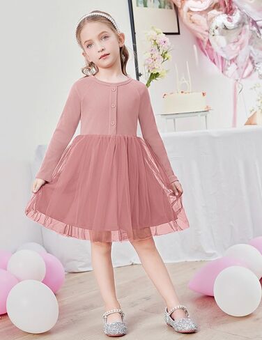 Arshiner Toddler Girls Tutu Dress Long Sleeve Fall Winter Button Front Party Tulle Dresses 2-8Y in Kuwait