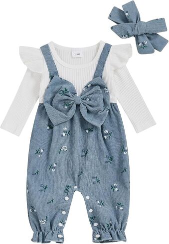 Infant Baby Girl Fall Clothes Ruffle Floral Romper Corduroy Jumpsuit Headband Newborn Winter One Piece Outfit in Kuwait