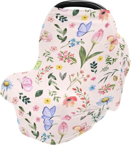 Watercolor Butterfly Spring Flowers Baby Car Seat Covers Cute Wildflowers Carseat Canopy Soft Infant Stroller Cover Nursing Breastfeeding Covers for Girls Boys Newborn Fit Summer Spring Autumn in Saudi Arabia