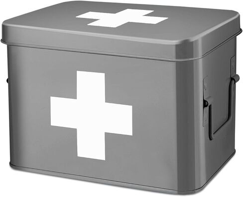 Flexzion Large Metal First Aid Box Empty, 13-Inch, Red with White Cross | Vintage Medicine Box and First Aid Storage Organizer with Removable Tray and Dividers; Empty Box Only, Supplies Not Included in Saudi Arabia