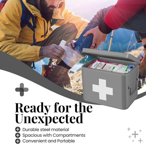 Flexzion Large Metal First Aid Box Empty, 13-Inch, Red with White Cross | Vintage Medicine Box and First Aid Storage Organizer with Removable Tray and Dividers; Empty Box Only, Supplies Not Included in Saudi Arabia