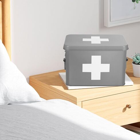 Flexzion Large Metal First Aid Box Empty, 13-Inch, Red with White Cross | Vintage Medicine Box and First Aid Storage Organizer with Removable Tray and Dividers; Empty Box Only, Supplies Not Included in Saudi Arabia