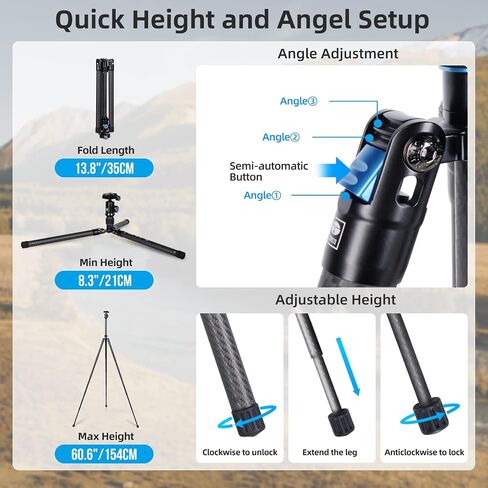 SIRUI Carbon Fiber Tripod with B-00K Panoramic Ball Head, 59.8" Compact Lightweight Travel Tripod AT-125, Quick Release Reverse Folding Legs, Reversible Center Column, Max Load 22lbs - Traveler X-I in Saudi Arabia