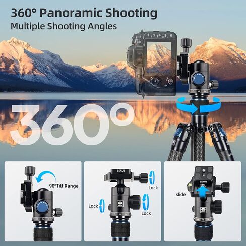 SIRUI Carbon Fiber Tripod with B-00K Panoramic Ball Head, 59.8" Compact Lightweight Travel Tripod AT-125, Quick Release Reverse Folding Legs, Reversible Center Column, Max Load 22lbs - Traveler X-I in Saudi Arabia