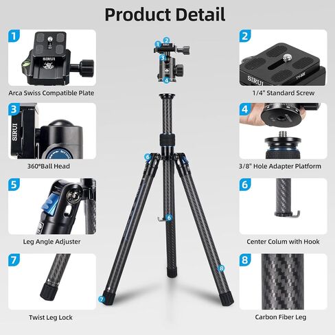 SIRUI Carbon Fiber Tripod with B-00K Panoramic Ball Head, 59.8" Compact Lightweight Travel Tripod AT-125, Quick Release Reverse Folding Legs, Reversible Center Column, Max Load 22lbs - Traveler X-I in Saudi Arabia