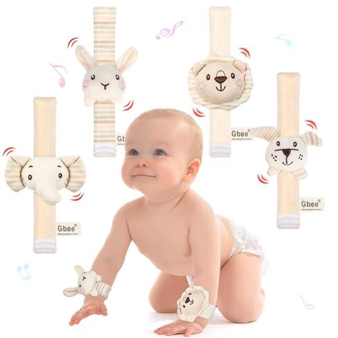4 Pieces Baby Wrist Rattles Animal Pattern Newborn Rattle Foot Rattles Toy for Babies Boy Girl Infant Birthday Gifts Educational Toys, 4 Designs (Rabbit Dog Lion Elephant) in Saudi Arabia