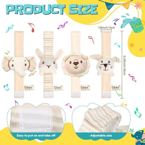 4 Pieces Baby Wrist Rattles Animal Pattern Newborn Rattle Foot Rattles Toy for Babies Boy Girl Infant Birthday Gifts Educational Toys, 4 Designs (Rabbit Dog Lion Elephant) in Saudi Arabia