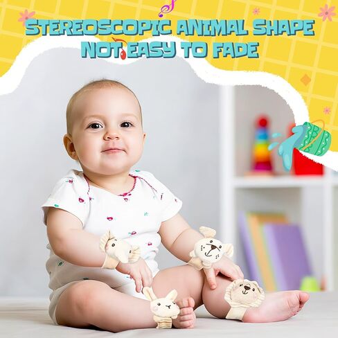 4 Pieces Baby Wrist Rattles Animal Pattern Newborn Rattle Foot Rattles Toy for Babies Boy Girl Infant Birthday Gifts Educational Toys, 4 Designs (Rabbit Dog Lion Elephant) in Saudi Arabia