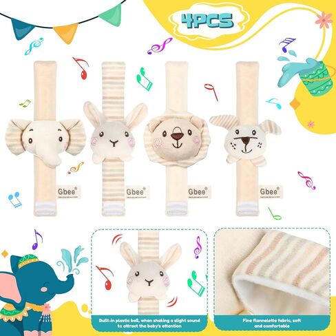 4 Pieces Baby Wrist Rattles Animal Pattern Newborn Rattle Foot Rattles Toy for Babies Boy Girl Infant Birthday Gifts Educational Toys, 4 Designs (Rabbit Dog Lion Elephant) in Saudi Arabia