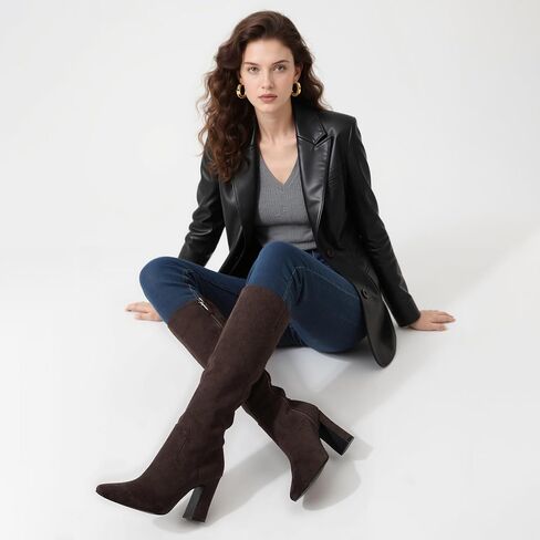 أحذية عالية للنساء للنساء 3 "كعب مكتنزة مربع إصبع القدم الخريف سحاب شتاء سحاب لبوتس الطول للنساء in Kuwait