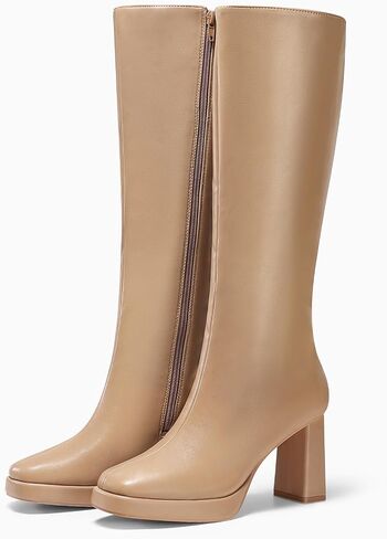 Coutgo Women’s Knee High Boots Platform Chunky High Heel Square Toe Side Zipper Gogo Boots Shoes in Saudi Arabia