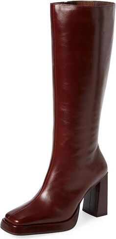 Dsevht Black Leather Knee High Boots for Women Platform Chunky Block Heeled Tall Long Boots Square Toe and Side Zipper Design Fashion Dress 70s Gogo Boot in Kuwait