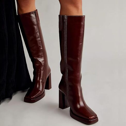 Dsevht Black Leather Knee High Boots for Women Platform Chunky Block Heeled Tall Long Boots Square Toe and Side Zipper Design Fashion Dress 70s Gogo Boot in Kuwait