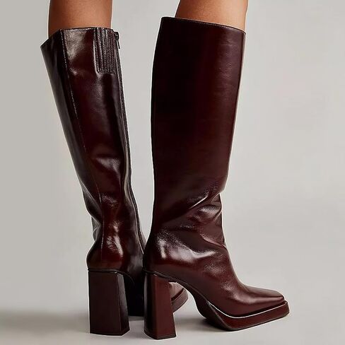 Dsevht Black Leather Knee High Boots for Women Platform Chunky Block Heeled Tall Long Boots Square Toe and Side Zipper Design Fashion Dress 70s Gogo Boot in Kuwait