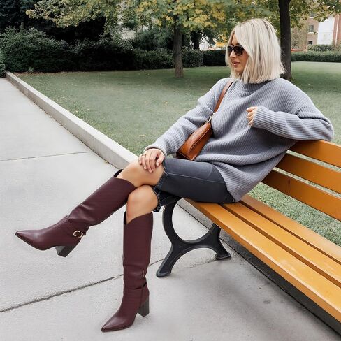 WIRALOMI Knee High Boots for Women Pointed Toe Chunky Heel Boots Metal Buckle Boots with Side Zipper in Kuwait