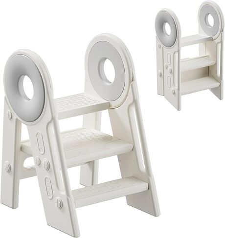 unicoo Kids Towdler Tower - قابلة للطي و 2-3 خطوة مونتيسوري المطبخ خطوة البراز للتعلم والطبخ ، في المطبخ والحمام ، تتراوح أعمارهم بين 18 شهرًا إلى 4 سنوات (أبيض ورمادي) in Kuwait