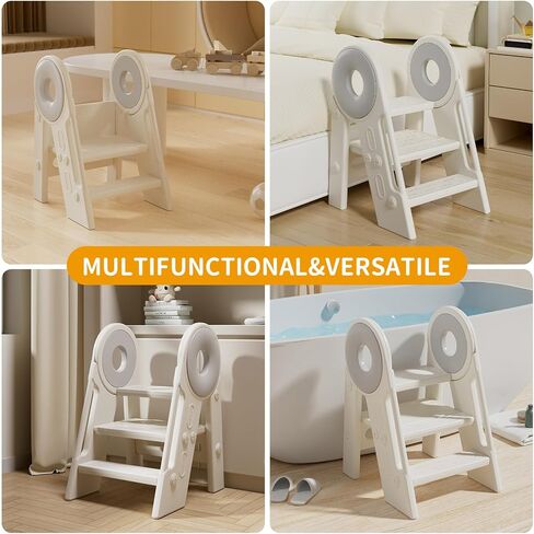unicoo Kids Towdler Tower - قابلة للطي و 2-3 خطوة مونتيسوري المطبخ خطوة البراز للتعلم والطبخ ، في المطبخ والحمام ، تتراوح أعمارهم بين 18 شهرًا إلى 4 سنوات (أبيض ورمادي) in Kuwait