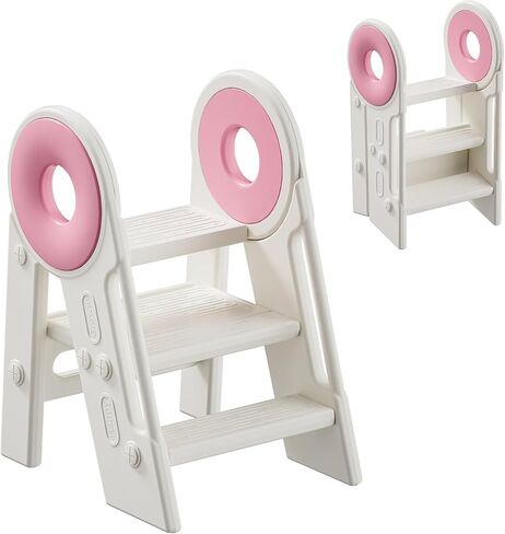 UNICOO Kids Folding Toddler Tower - Foldable & 2-3 Step Adjustable Montessori Kitchen Step Stool for Learning and Cooking, in The Kitchen & Bathroom, Ages 18 Months to 4 Years (White & Grey) in Kuwait