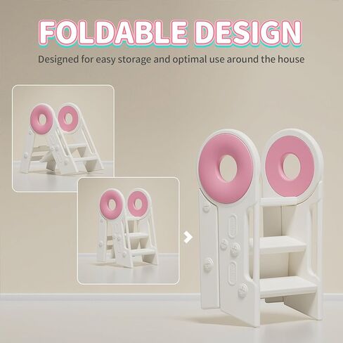 UNICOO Kids Folding Toddler Tower - Foldable & 2-3 Step Adjustable Montessori Kitchen Step Stool for Learning and Cooking, in The Kitchen & Bathroom, Ages 18 Months to 4 Years (White & Grey) in Kuwait