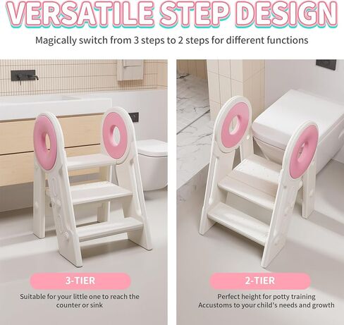 UNICOO Kids Folding Toddler Tower - Foldable & 2-3 Step Adjustable Montessori Kitchen Step Stool for Learning and Cooking, in The Kitchen & Bathroom, Ages 18 Months to 4 Years (White & Grey) in Kuwait