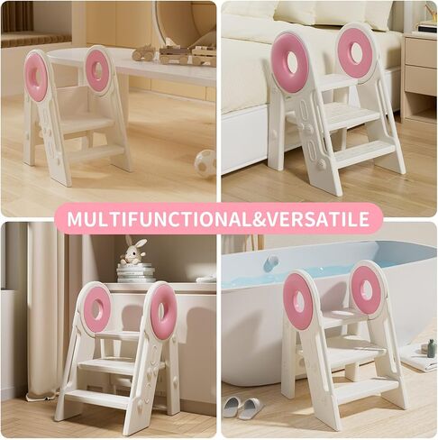 UNICOO Kids Folding Toddler Tower - Foldable & 2-3 Step Adjustable Montessori Kitchen Step Stool for Learning and Cooking, in The Kitchen & Bathroom, Ages 18 Months to 4 Years (White & Grey) in Kuwait