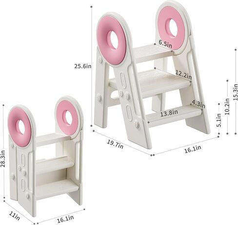 UNICOO Kids Folding Toddler Tower - Foldable & 2-3 Step Adjustable Montessori Kitchen Step Stool for Learning and Cooking, in The Kitchen & Bathroom, Ages 18 Months to 4 Years (White & Grey) in Kuwait