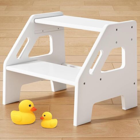 Kids Toddler Step Stool for Bathroom Sink, 2 Step Stool for Toddlers Potty Training, Adjustable Height Baby Child Stepping Stools with Handles for Toilet Kitchen Counter Nursery (White Wood) in Kuwait