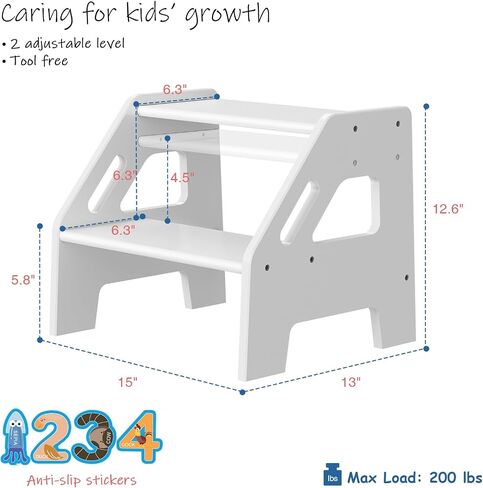 Kids Toddler Step Stool for Bathroom Sink, 2 Step Stool for Toddlers Potty Training, Adjustable Height Baby Child Stepping Stools with Handles for Toilet Kitchen Counter Nursery (White Wood) in Kuwait