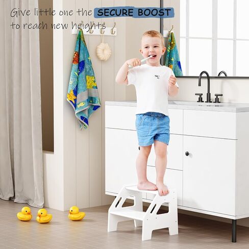 Kids Toddler Step Stool for Bathroom Sink, 2 Step Stool for Toddlers Potty Training, Adjustable Height Baby Child Stepping Stools with Handles for Toilet Kitchen Counter Nursery (White Wood) in Kuwait