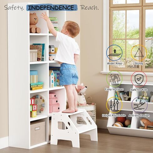 Kids Toddler Step Stool for Bathroom Sink, 2 Step Stool for Toddlers Potty Training, Adjustable Height Baby Child Stepping Stools with Handles for Toilet Kitchen Counter Nursery (White Wood) in Kuwait