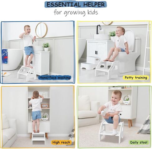 Kids Toddler Step Stool for Bathroom Sink, 2 Step Stool for Toddlers Potty Training, Adjustable Height Baby Child Stepping Stools with Handles for Toilet Kitchen Counter Nursery (White Wood) in Kuwait