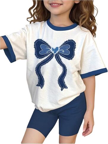 مجموعة ملابس Soly Hux Toddler Girl Sets Cute Bow Graphic 2 قطعة صيفية من الأكمام القصيرة. in Kuwait