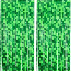 2 Pcs Green Pixel Miner Foil Fringe Curtains | Door Streamers, Photo Booth Backdrop, Video Game Party Decorations, 3.28x6.56 Feet in Kuwait