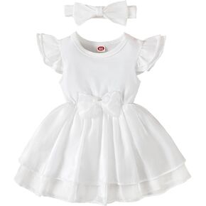 Baby Girls Tutu Dress Infant Ruffle Sleeve Bodysuit Newborn Solid Tulle Skirt Sets Butterfly Headband Romper Outfit in Kuwait