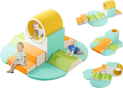 Mooitz Soft Play Clicking Blocks للأطفال الصغار - 10 في المائة مع نفق للتسلق والزحف والشرائح (بني) in Kuwait