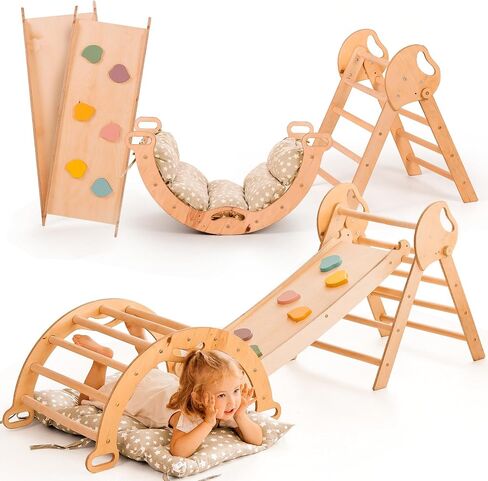 5 في 1 طفل تسلق الأطفال مجموعة داخلية-مثلث Pikler ، قوس التسلق ، وسادة التوازن ، Montessori Climbing Gym للأطفال الصغار 1-3 ، مركز أنشطة الأطفال الخشبية القابلة للطي ، Gym Gym for Kids in Saudi Arabia